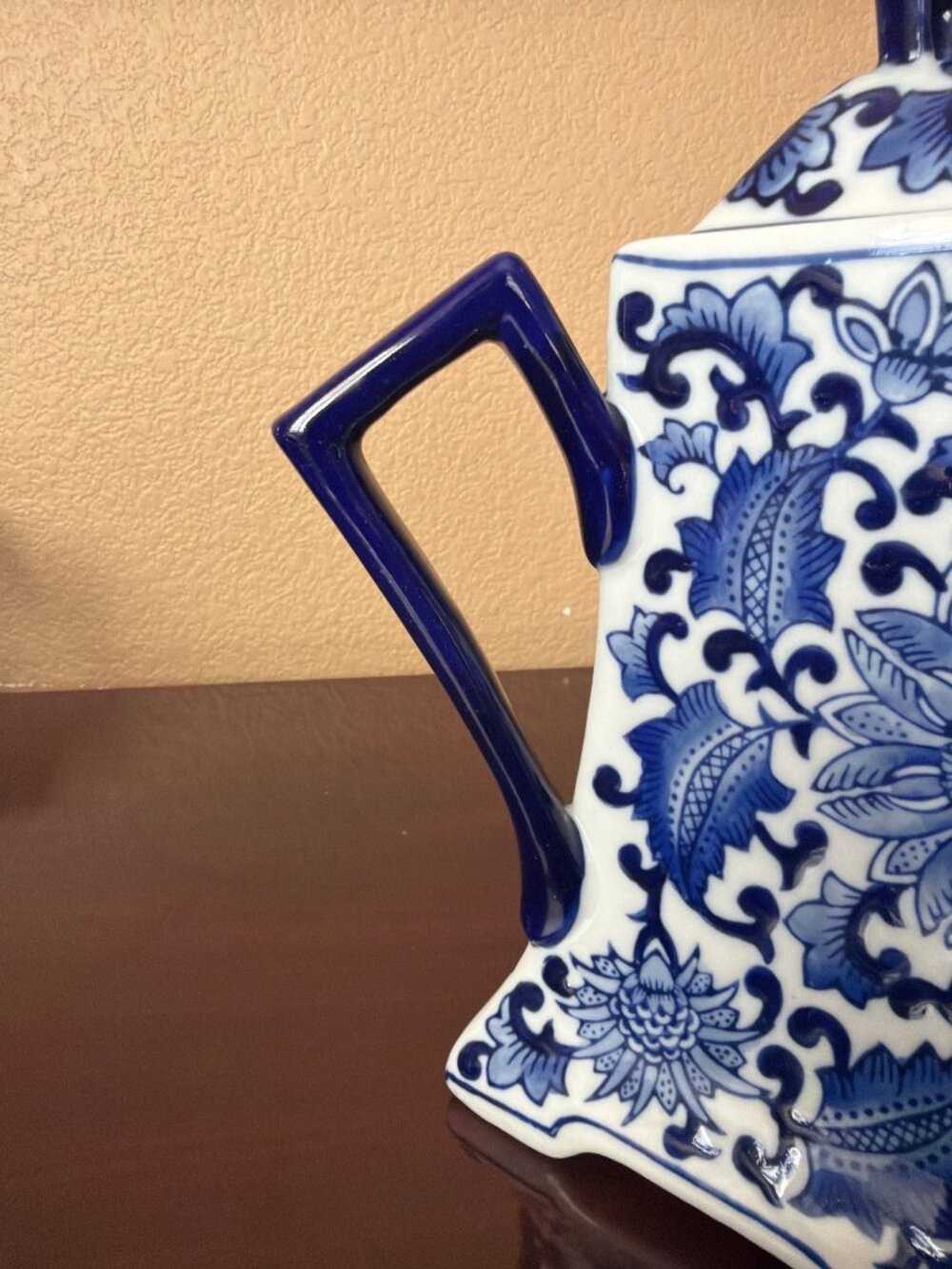 Vintage Blue White Ceramic Teapot Chinoiserie Floral Square Decor 9.5" - Picture 5 of 12